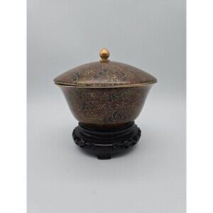 Vintage Chinese Cloisonne Covered Bowl on Wood Stand Enamel over Copper Floral